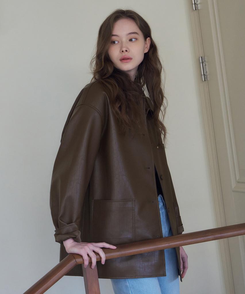 Drawfit Women Button Leather Half Jacket [Brown]