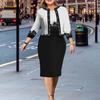 2 Pcs/Set Beautiful Banquet Coat Dress Set Flower Print Commute Round Neck Dress Business Situation Party Coat Dress Set Female Clothes