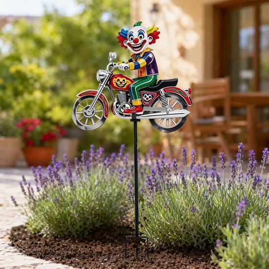 Drehender Clown Motorrad Windspiel, Rotierende Räder Metall Kinetic Hofkunst mit Erdspieß, Wetterfeste Windmühlen Skulptur für Außen Rasen Terrasse