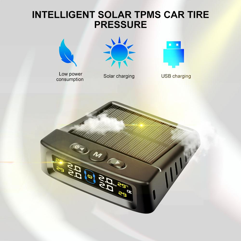 Solar TPMS Car Tire Pressure Alarm Device Auto Tyre Pressure Security Colorful Digital Display 4 External Sensors Tire Pressure Temperature Warning
