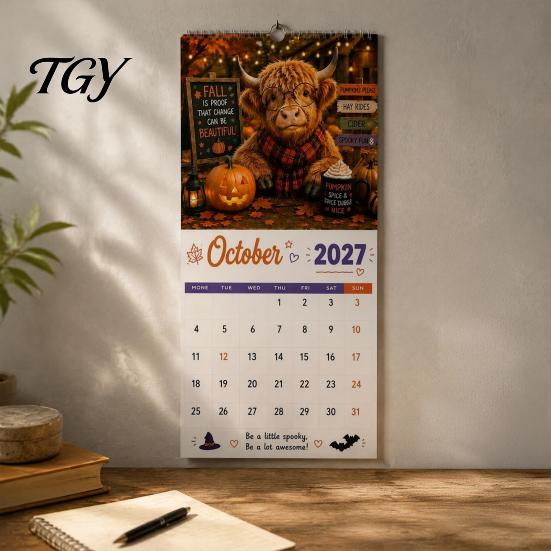 Høylandsfe Veggkalender 2027 Morsom Kalender, Søtt Gårdsdyr 12 Måneder Akademisk Skotsk Hengende Planlegger for Rustikk Hjemmeinnredning Gaveelskere