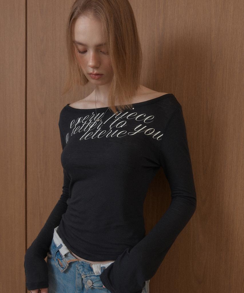 LETERIE Lettering Off-Shoulder Tie Long Sleeve_Sheer Black
