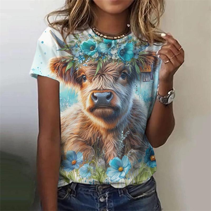 Summer Round Neck 3D Cartoon Bull Print Top Fashionable Casual Short Sleeved Women's T-shirts