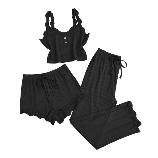 Women's 3 Piece Pajamas Set Ribbed Knit Lace Trim Cami Shorts And Pants