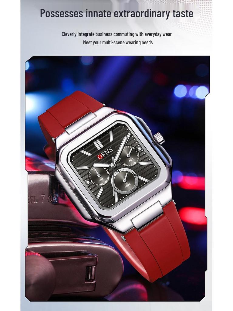 OFNS Six-Hand Men's Square Quartz Watch: Luminous, Day-Date, 30M Waterproof, Silicone Steel Band, Hot Seller