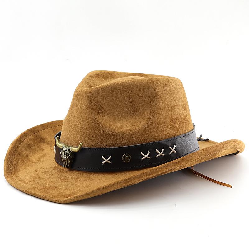 Suede Autumn and Winter Woolen Denim Jazz Felt Hat Bull Head Label Curled Top Hat Tibetan Sunshade Sun Protection Hat