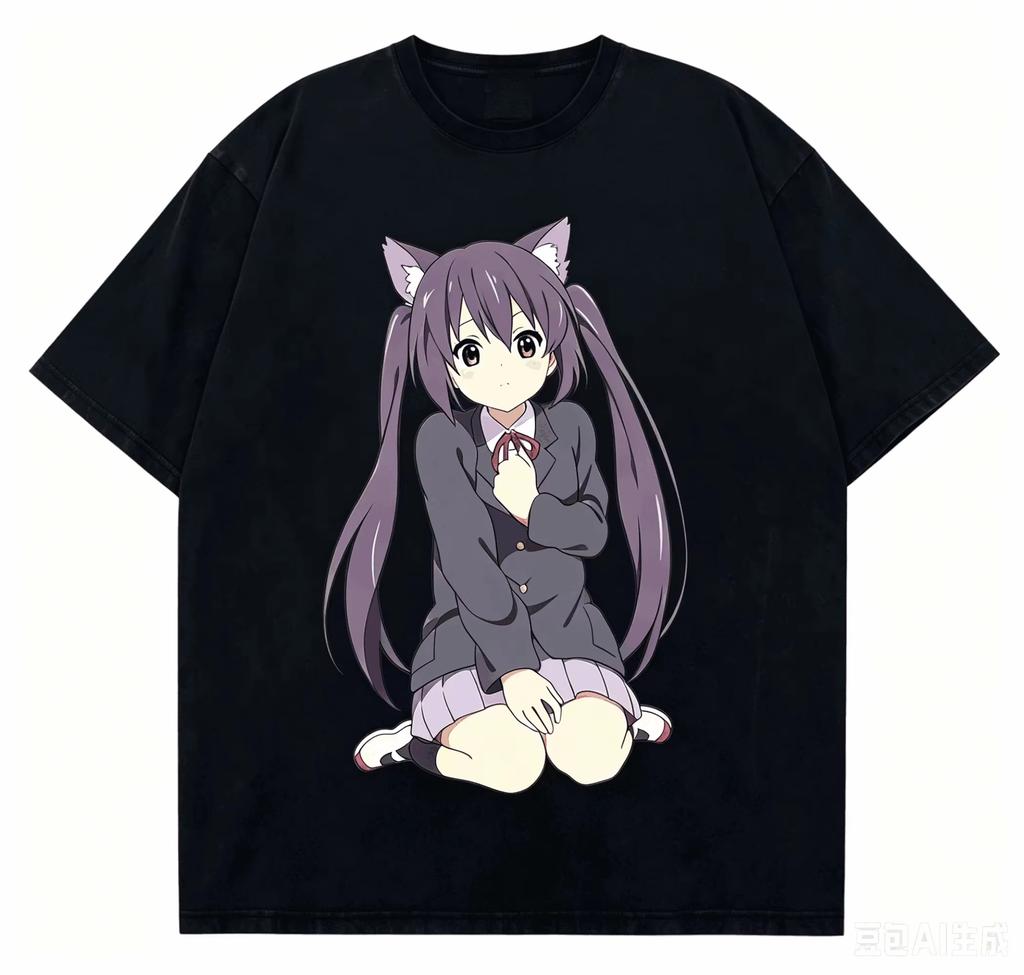 2026 Summer K-ON! Hirasawa Yui Pattern Printed Black Washed Loose Pure Cotton Short Sleeve T-shirt, Anime Harajuku Street Style Fan T-shirt