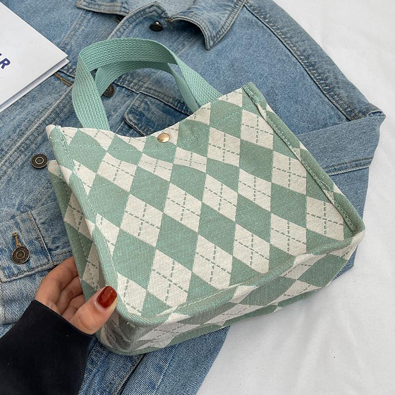 Canvas Tote Bag Women's Spring and Summer New Fashionable Diamond Hand-in Shopping Bag College Student Class Shoulder Bag
