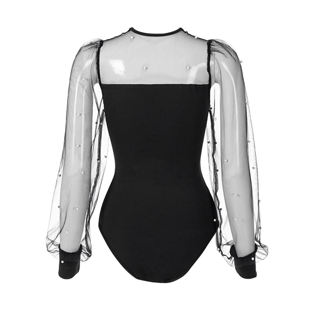 Body à manches longues ajouré en maille à col rond pour femmes, chemisier serré à taille haute de couleur unie