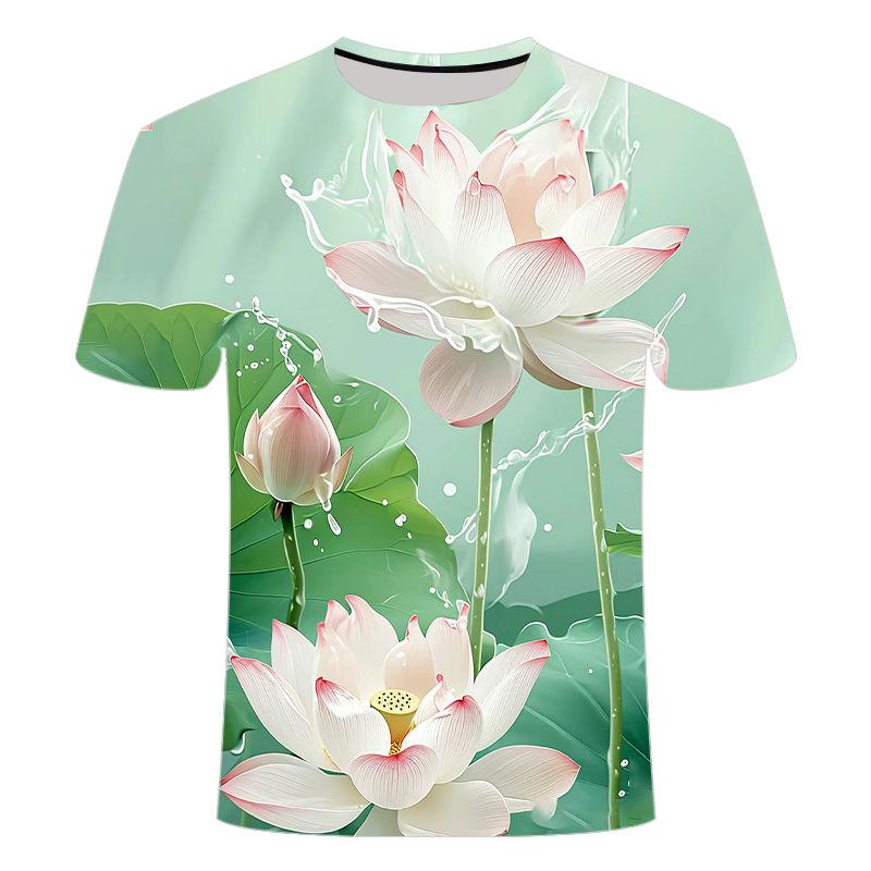2024 Sommer Kreativ 3D Gedruckt Verschiedene Wasserblumen-Serien, Nischenmode Herren- und Damen-Rundhals-T-Shirt