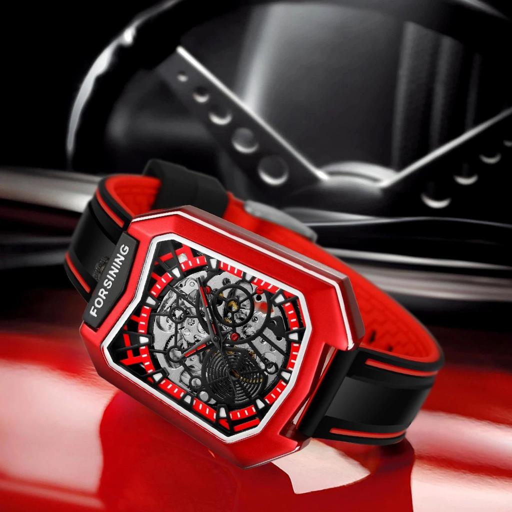Trendy Unique Skeleton Mechanical Watches Rubber Strap Sports Wrist Watch Creative Square Hollow Automatic Mechanical Watch