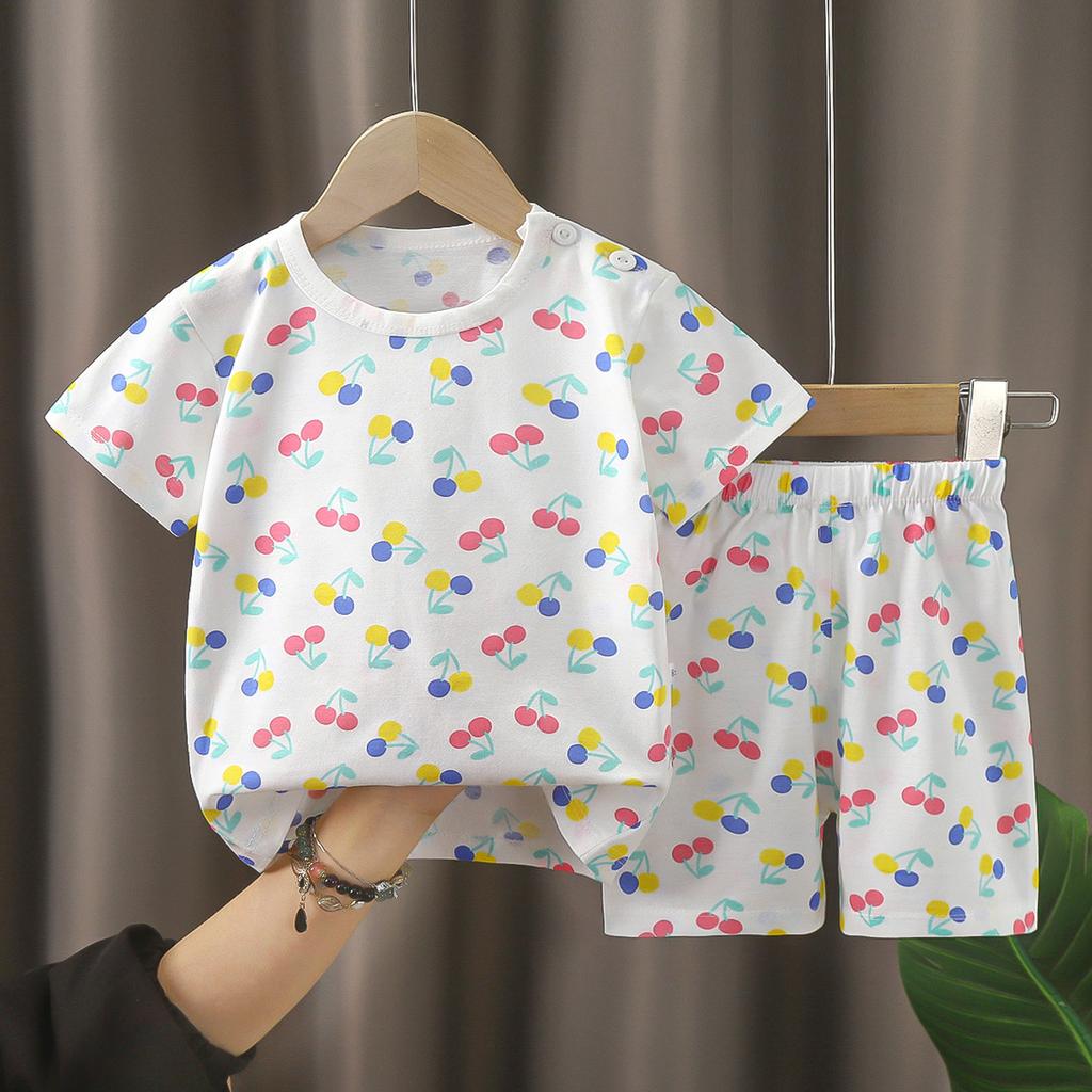 Kids Cotton Short Sleeve 2Pcs Set, Summer Shoulder Snap T-shirt & Shorts for Toddler Boys Girls