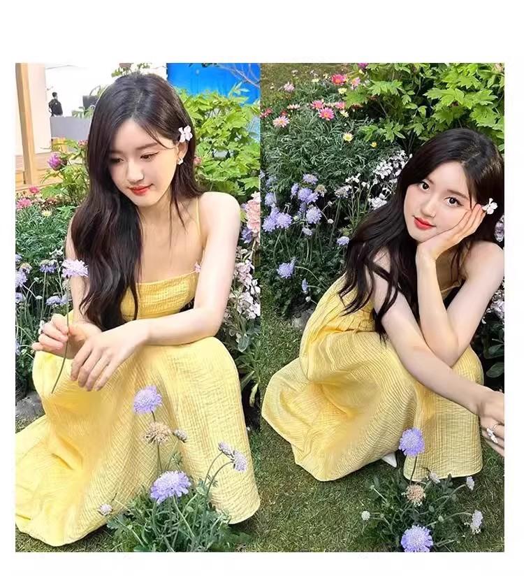 French small yellow suspender dress women's summer new waist temperament long dress seaside vacation skirt