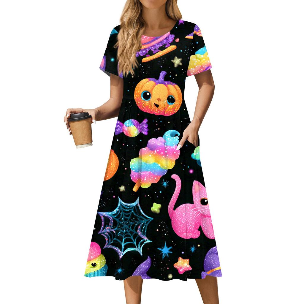 Women's Casual Fashion Halloween Printed Short Sleeve Round Neck Dress