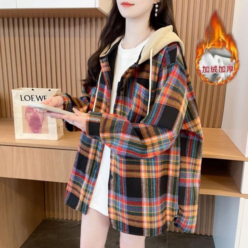 Herbst Winter Vintage Karodruck Patchwork Kapuzenshirt Damen Langarm Locker Lässig Strickjacke Bluse Top