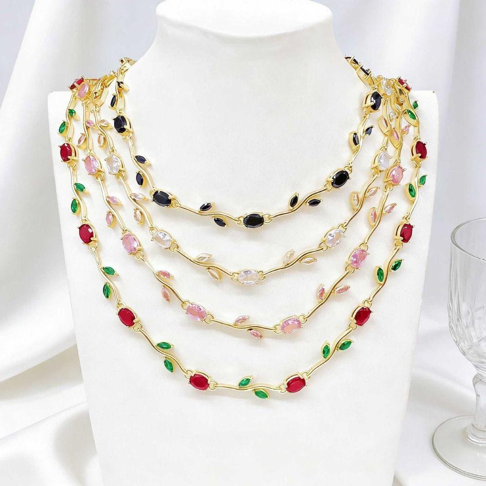 Multicolour Zircon Necklace Light Luxury Crystal Leaf Necklace Elegant Vine Necklace  Women Girls