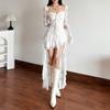 Gothic Dark Fairycore Spitze Schlagärmel Quadratischer Ausschnitt A-Linien-Kleid Süßes E-Girl Unregelmäßiger Langer Saum Kleider Cyber Y2K Party Vestido