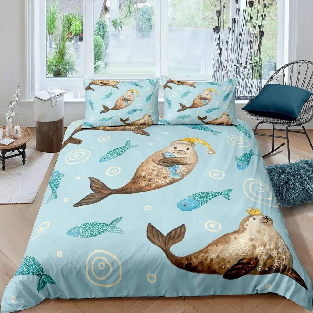 Seal Duvet Cover King Size Lovely Swimming Seal Bedding Set Cute Ocean Exotic Style 2/3pcs Marine Life Polyester Comforter Cover