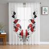 Rideaux en tulle à roses rouges et feuilles noires pour la décoration du salon, rideaux en mousseline de soie modernes pour chambre à coucher