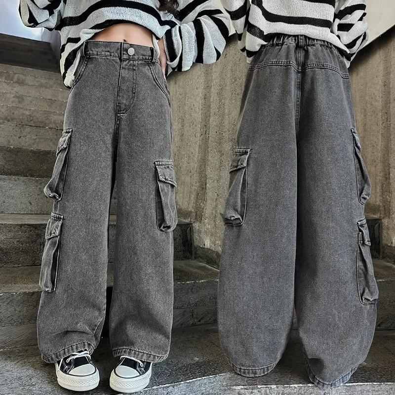 Teenage Girls Wide Leg Cargo Jeans 2024 Autumn Fashion Kids Casual Denim Pants School Young Children Straight Baggy Trousers 15Y