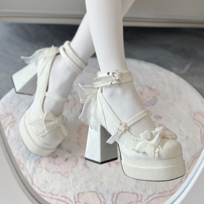 Platform High Heel Women Lolita Shoes Shallow Butterfly-knot Shoes Ladies Party Dress Cross Strap Pumps Shoes