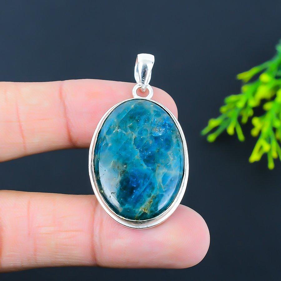 Natürlicher neonblauer Apatit-Edelstein, 925er Sterlingsilber, Geschenkanhänger, 5 cm, t3E68