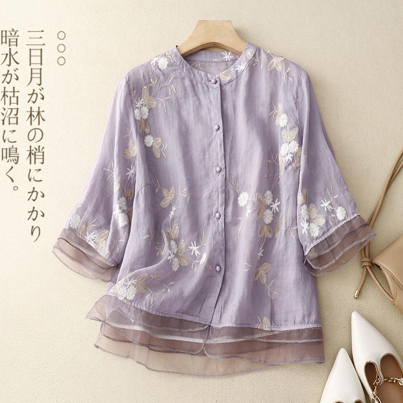 Women'S Cotton Linen Floral Shirts Summer 2026 New Embroidery Chinese Style Blouses Loose Blouse Top Half Sleeve Clothing