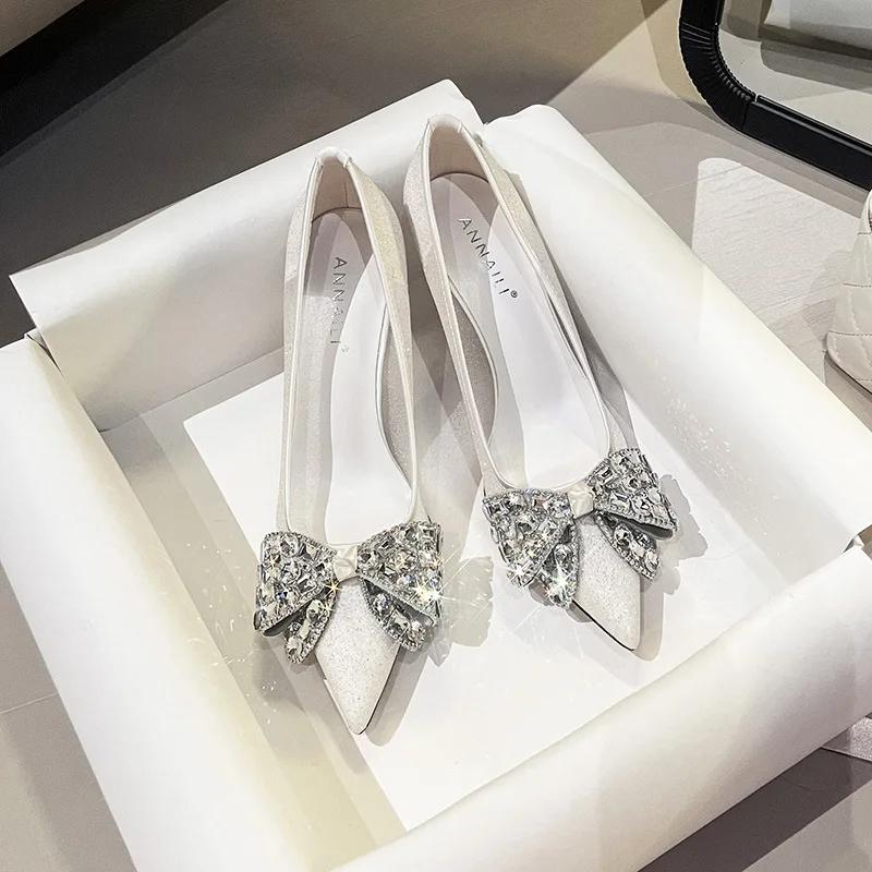 Mesh Heels Women's Stiletto Heels Sexy Rhinestone Bow White Wedding Shoes Champagne Dress Banquet Women's Single Shoes