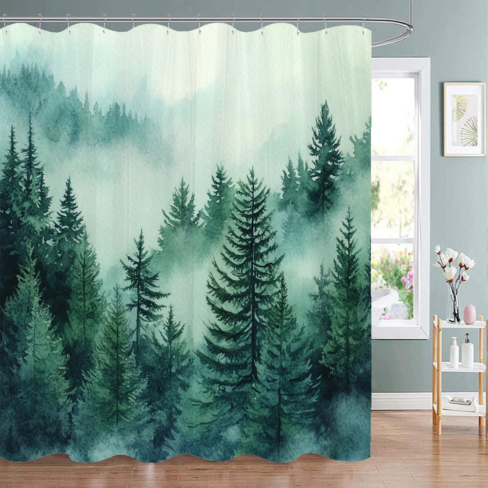 1Pc Natural Landscape Shower Curtain, Bathroom Decorative Shower Curtain, Printed Polyester Fabric Shower Curtain With Hooks