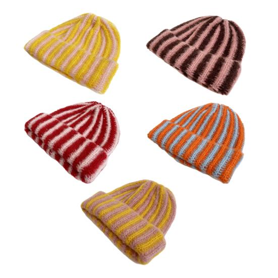 Winter Knit Hat Patchwork Color Striped Print Soft Touch Breathable Brimless Hat Outdoor Activities Pullover Hat