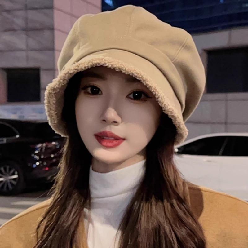Small face big head circumference hat women's autumn and winter new stacking hat cold-proof velvet octagonal hat versatile bucket hat