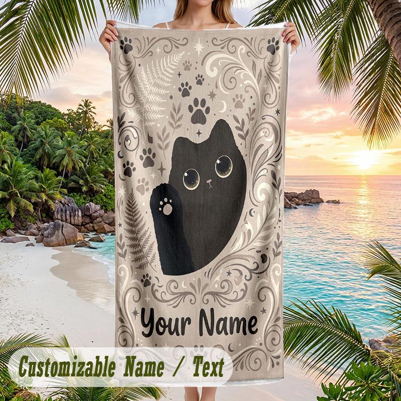 Cat Art Poster Theme Quick Dry Beach Towel Custom Name Text Print Large Sand Resistant Towel Beach Vacation