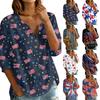 Women's Fashion Independence Day Print Button Front Three-Quarter Sleeve Cotton Linen Blouse Shirt