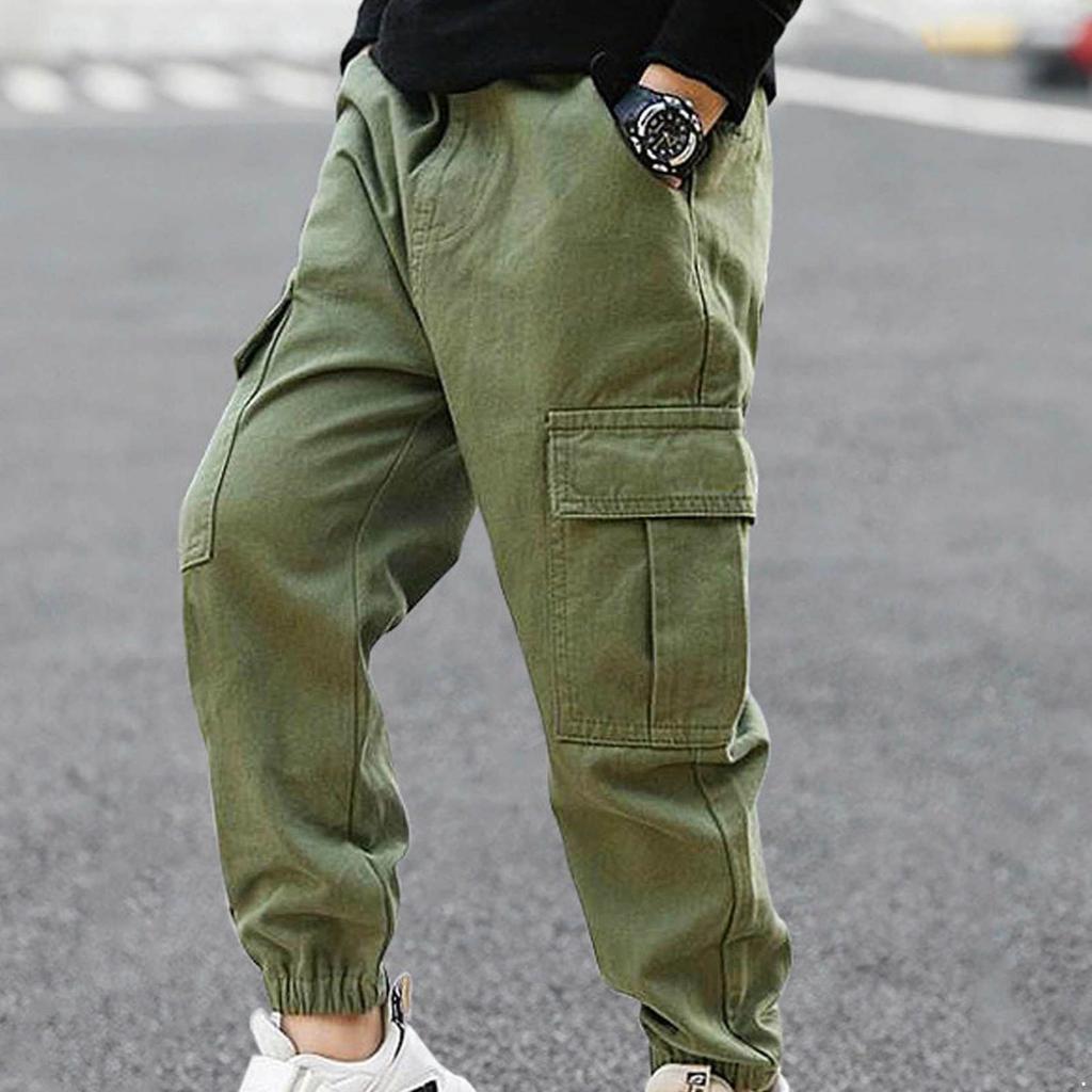 Loose Pants with Multi-Pockets Kids Boys Active Cargo Jogger Solid Color Sweatpants