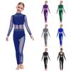 Dievčenské body s dlhým rukávom a rolákom, celotelové, z priehľadnej sieťoviny s trblietavými kamienkami na tanec, gymnastiku