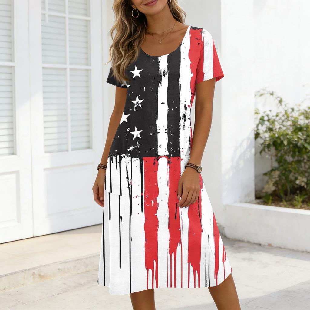 Women’s Short Sleeve Loose Fit Maxi Dress with Star and Stripe Print Casual Round Neck Summer Dress with Pockets