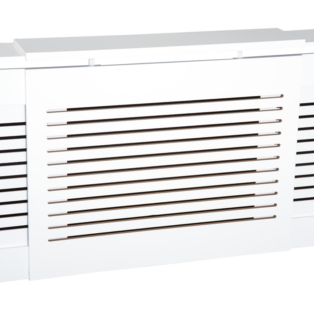 Výsuvný kryt radiátoru, Moderní bílá lakovaná MDF skříňka s horizontálními lamelami do obývacího pokoje, ložnice, 139-208,5D x 20,5Š x 82,5V cm