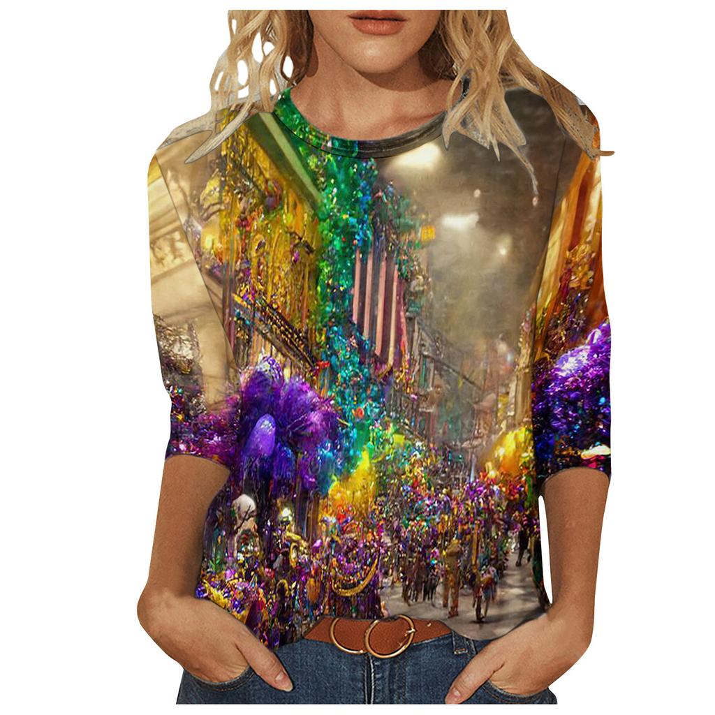 Langärmeliges Glamouröses Maskenmuster Oberteil Karnevalsthema Bedruckte Damen-T-Shirts