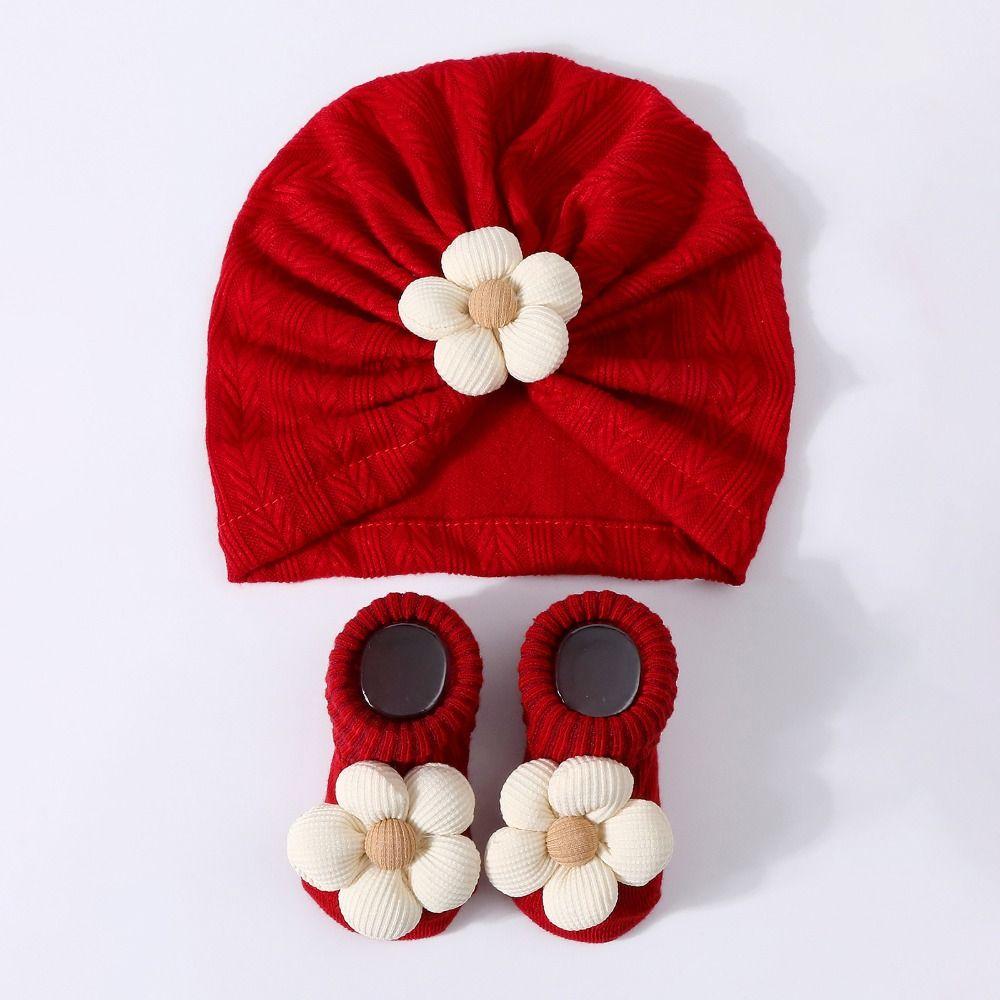 Flower Baby Headscarf Hat Soft Cotton Hat Sock Set Infant Turban Hat Socks Set Newborn Supplies