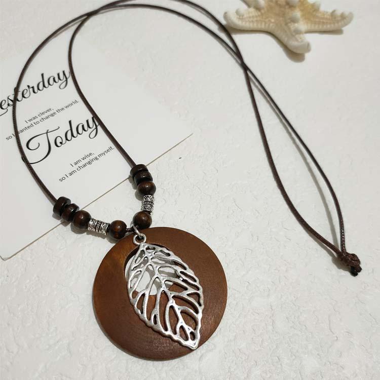 Ethnic Style Cotton-Linen Wooden Sweater Chain Necklace with Alloy Leaf Pendant