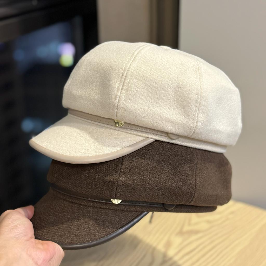 New Metal Label British Octagonal Hat for Women in Autumn and Winter All  Match Casual Face Showing Small Newsboy Painter Hat Duck Tongue Beret