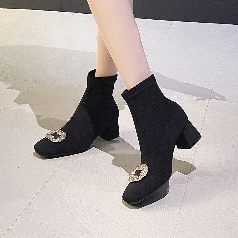 Bottes élastiques à talons hauts et boucle carrée en strass suédé Version coréenne bottes fines talon épais bout carré bottines automne et hiver sing