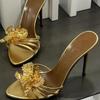 2025 New Summer Metal Flowers French Stunning Fashion Sandals Female Fine Heel High Heels Black Sandals Slippers