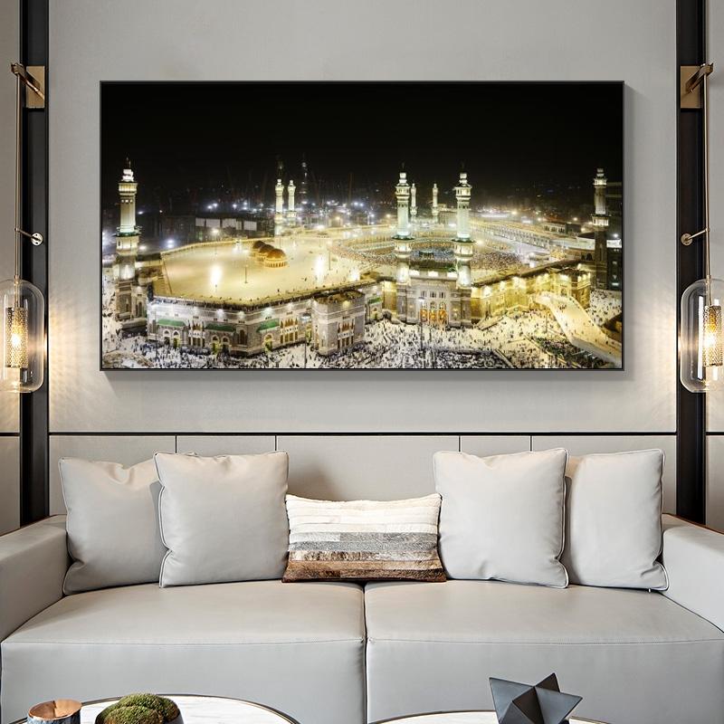 Mekka-Moschee, Stadtnachtansicht, Leinwandgemälde an der Wand, islamische Kunst, Poster und Drucke, muslimische Kunst, dekorative Bilder, Cuadros