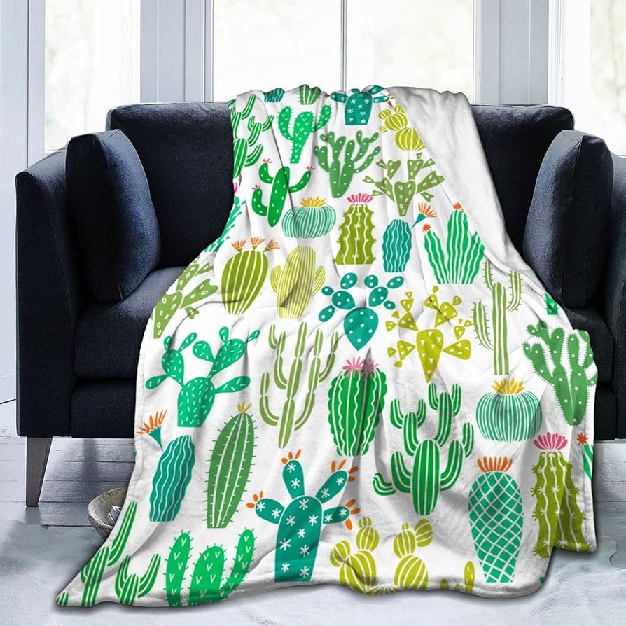 Cactus Flannel Throw Blanket Green Plant Leaves Pattern King Queen Size Super Soft Lightweight Warm for Living Room Sofa Couch