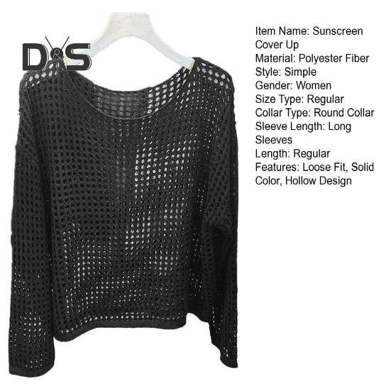 Sonnenschutz-Überzug, Rundhalsausschnitt, lange Ärmel, einfarbige Strickoberteile, lockere Passform, hohles Strickdesign, lässige Oberteile