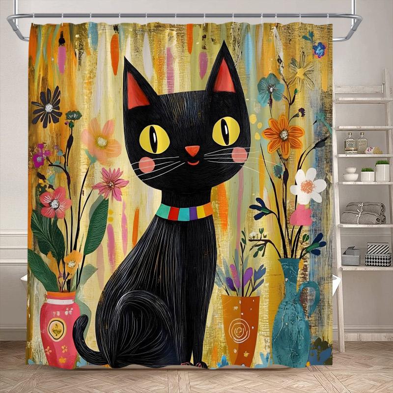 Grappige Zwarte Kat Douchegordijnen Schattig Dier Huisdier Bloemen Vintage Schilderij Kunst Moderne Stof Huis Badkamer Decoratie Douchegordijn Set
