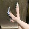 Shiny High Heels Slingback Silver Women Pumps Metallic Crystal Sandals Pointy Toe Stiletto Heeled Shoes Party Dress Shoes Woman