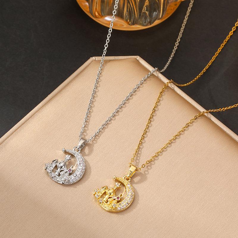 Star Moon Titanium Steel Necklace: Hollow, Full Diamond, Light Luxury Clavicle Chain for Women