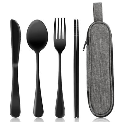 Bestickset i rostfritt stål 4 delar Retro Servis Gaffel Sked Ätpinnar Kniv med Förvaringspåse Spegelpolerat Diskmaskinssäkert Bestick